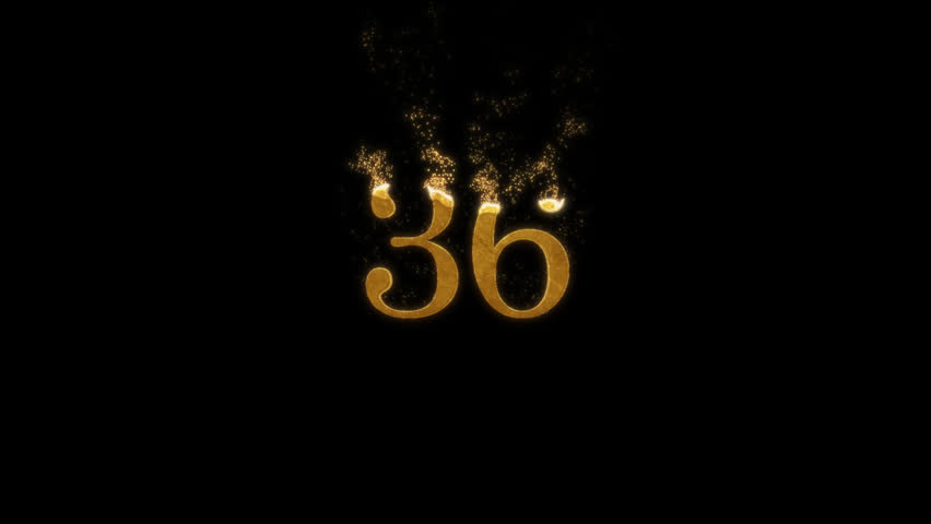 Golden number 36 with particles and alpha channel, the number appears from golden particles, golden number thirty-six