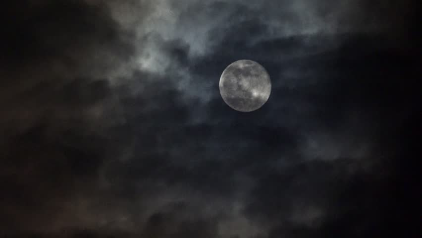 Moon Rises in Clouds in Night Sky, Halloween View in Time Lapse, Evening Astrology, Timelapse