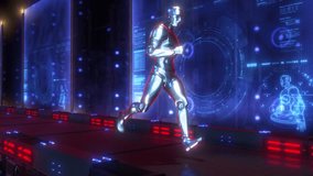 A metallic chrome robotic android humanoid character running on a treadmill in front of digital data screens. - Powered by Shutterstock - Get 15% off with code: PIKWIZARD15