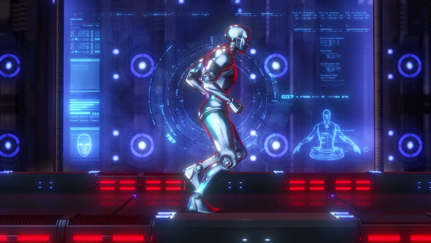 A metallic chrome robotic android humanoid character running on a treadmill in front of digital data screens.