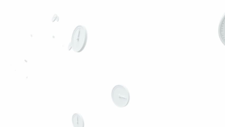 White Clock time is very fast on many white clock and on green screen. Minimal idea and time concept. Animation Seamless loop 3d render.