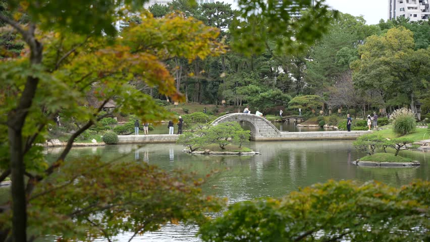 View of Takueichi Pond in Shukkeien Garden, Kaminoboricho, Naka Ward, Hiroshima, Honshu, Japan
