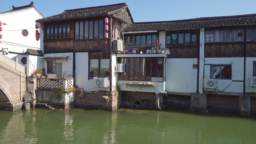Zhujiajiao, Shanghai, China. January 8, 2025.  panoramic view of the canals between the characteristic old houses of the village