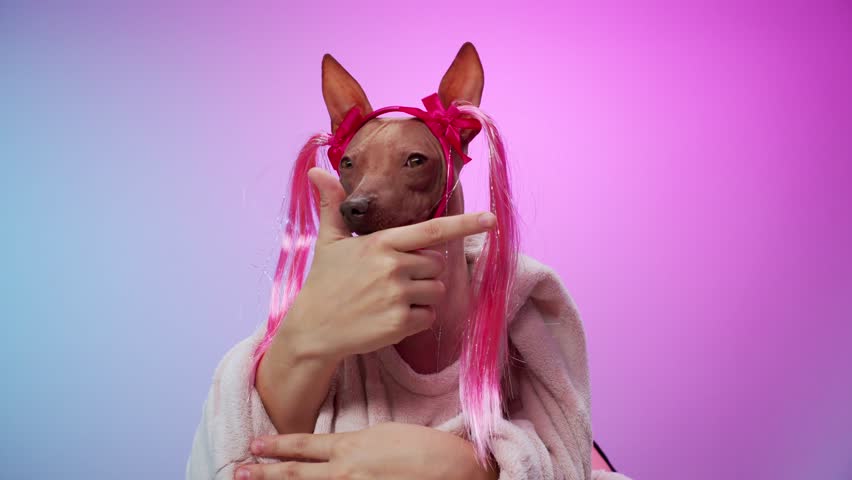 A terrier holds a snack piece in its paw against a bright pink and purple gradient backdrop. The image captures the dog's curious and spirited demeanor.