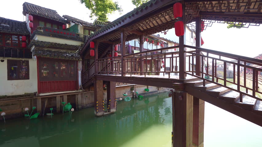 Zhujiajiao, Shanghai, China. January 8, 2025.  panoramic view of the canals between the characteristic old houses of the village