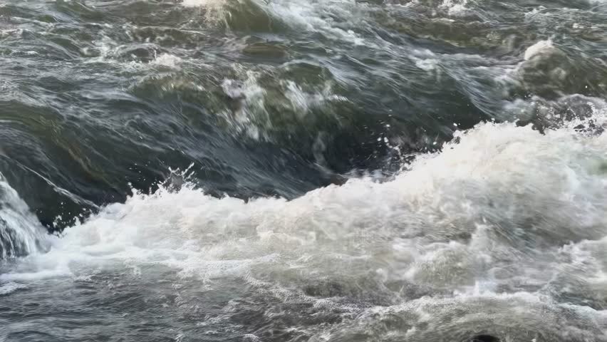 Rushing water creates white water rapids in a river. The powerful flow of water creates a dynamic and energetic scene. Slow-motion recording at half speed. (Ultra HD)