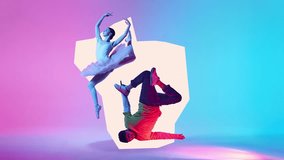 Ballerina and breakdancer, young girl and boy preforming classical and contemporary dance in neon light. Stop motion, animation. Concept of classical and modern dance, performance, hobby, talent show - Powered by Shutterstock - Get 15% off with code: PIKWIZARD15