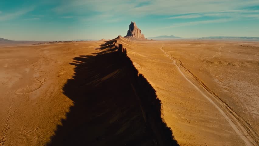 4K Aerial footage traveling along rugged cliffs that rise dramatically from the arid desert landscape, leading to Ship Rock, the towering volcanic monolith in New Mexico