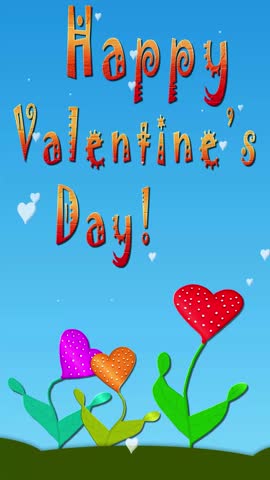 Dancing heart shaped flowers with sunset colored text 10 s 4k video perfect e card for far away lovers! Red pink and orange flowers swaying against blue sky, lil white hearts say it with love! 3.3MB