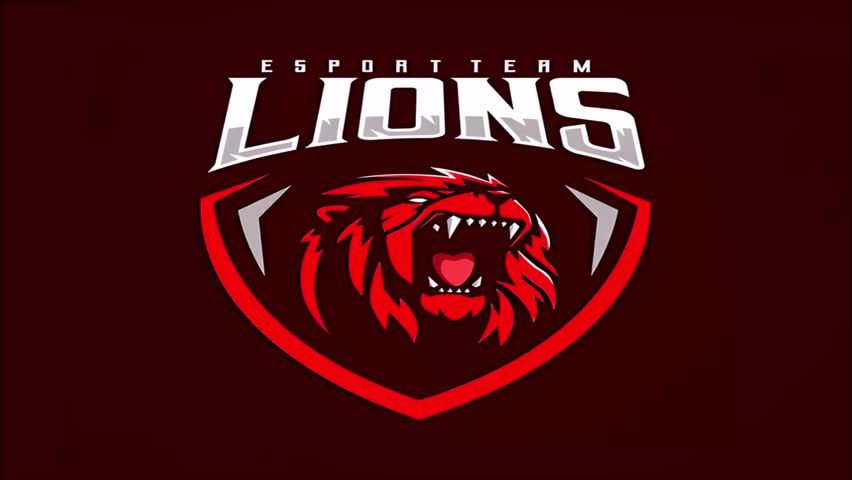 A fierce roaring lion mascot logo for an esports team, set within a shield. The design conveys power, aggression, and is perfect for a competitive gaming team.