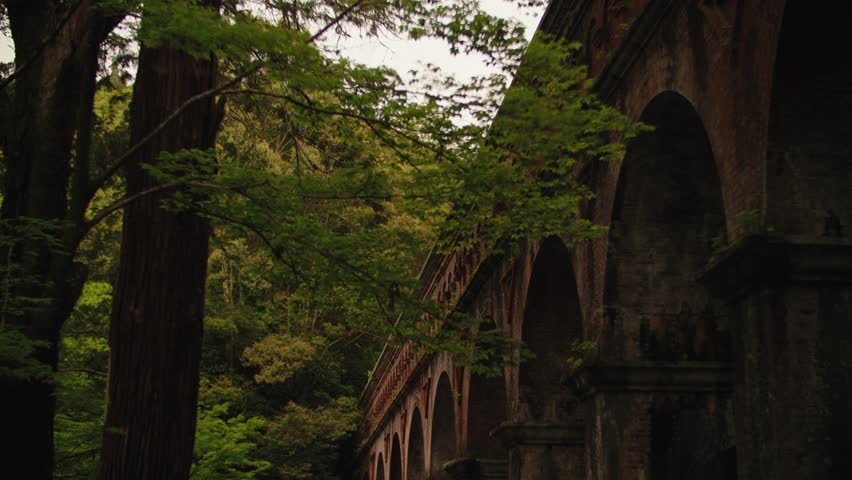 handheld shot, brick made aqueduct, in the middle on, a forest in Kyoto, Japan, at dawn, moody vibe