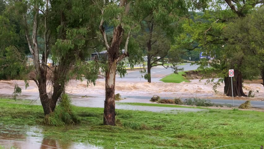 A flooded river overflowing its banks on the Gold Coast in Queensland, Australia. Brown water flows rapidly through green grass and trees, creating a dramatic natural scene.