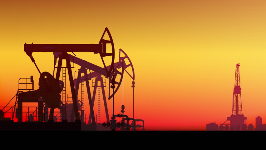 Pump jack. Land crude oil drilling rig, derrick. Oil field, pumpjack. Looped animation. Background sunset sky. Gas. Onshore production, industry business. Silhouette, horizon desert. Seamless loop