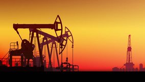 Pump jack. Land crude oil drilling rig, derrick. Oil field, pumpjack. Looped animation. Background sunset sky. Gas. Onshore production, industry business. Silhouette, horizon desert. Seamless loop - Powered by Shutterstock - Get 15% off with code: PIKWIZARD15