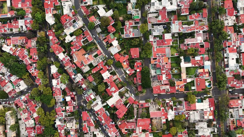 Stunning aerial footage of houses and streets of Coyoacan, Mexico City
