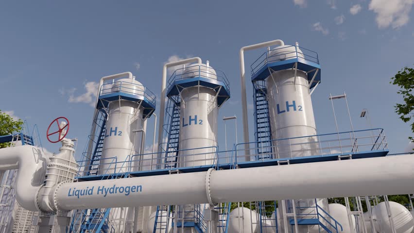 Hydrogen Liquefaction Plant. Facility designed to convert gaseous hydrogen into its liquid form through a cooling and compressing the gas. Time lapse. 3D rendering