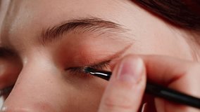 Eye shadow makeup to the upper eyeliner, close-up. Makeup artist applies a bright eye shadow with a makeup brush.Tutorial master class of professional makeup.  - Powered by Shutterstock - Get 15% off with code: PIKWIZARD15