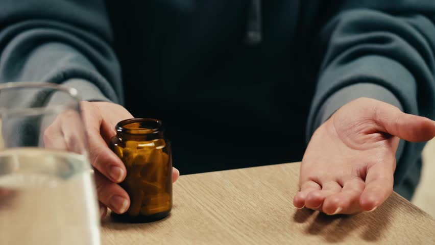 Pills and vitamins macro, Close up view of womans hands holding plenty of different drugs. Painkillers and antibiotics. Healthcare and medicine concept