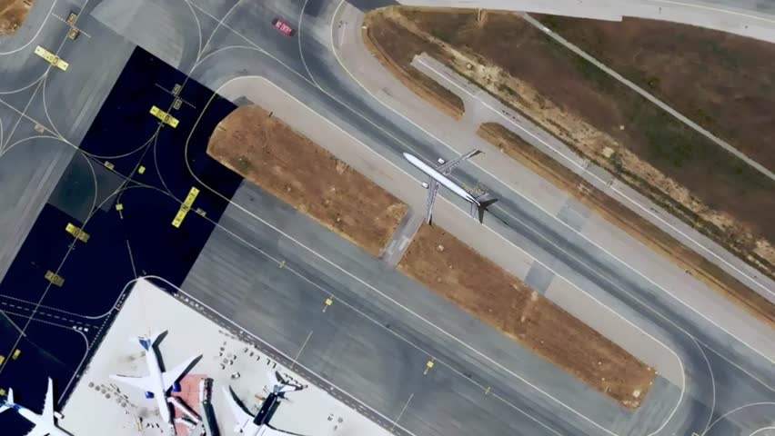 High-angle view simulates plane arrival taxiing on airport runway Perfect for travel, transportation, or animation projects