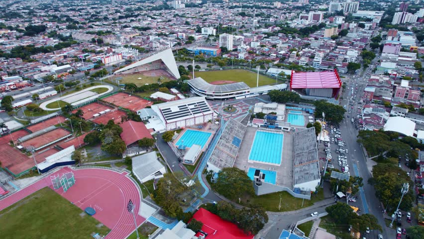 Aerial View of Cityscape, Sports Complex, and Athletic Facilities - Cali, Colombia