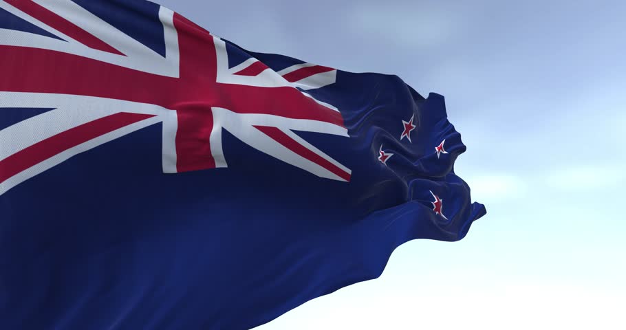 New Zealand national flag waving on a clear day. Blue Ensign with Union Jack and red stars on representing Southern Cross. Seamless 3d render animation. Slow motion loop. Rippling fabric.