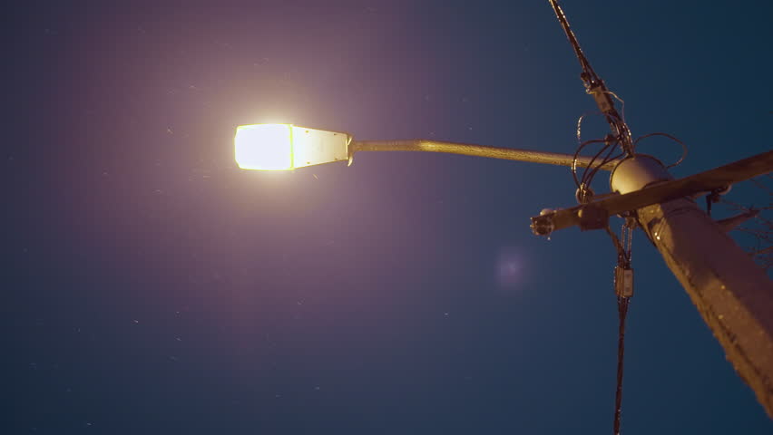 Utility pole with intertwined wires and connectors silhouetted against a deep blue dusk sky with snowflakes flying, with partial view of bare tree branches