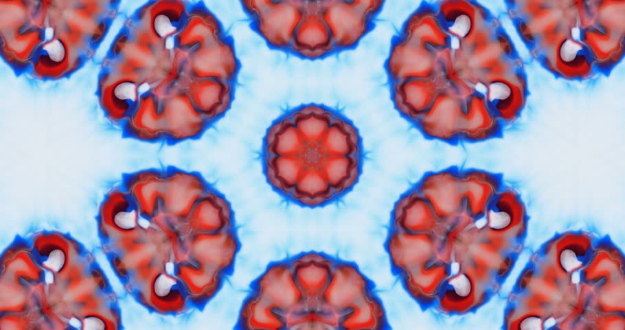 Abstract original colorful kaleidoscope in blue, red, yellow tones on a white background. Mandala abstract background of trippy art psychedelic trance. Abstract background of symmetrical movement of