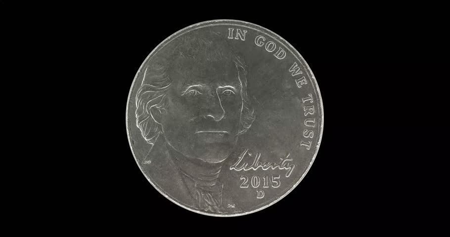 Reverse of USA coin FIVE CENTS 2015, isolated in black background. Seamless animation in 4k video