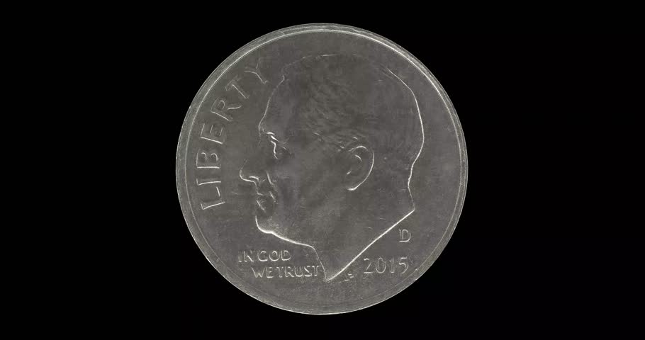 Obverse of USA coin ONE DIME 2015, isolated in black background. Seamless animation in 4k video