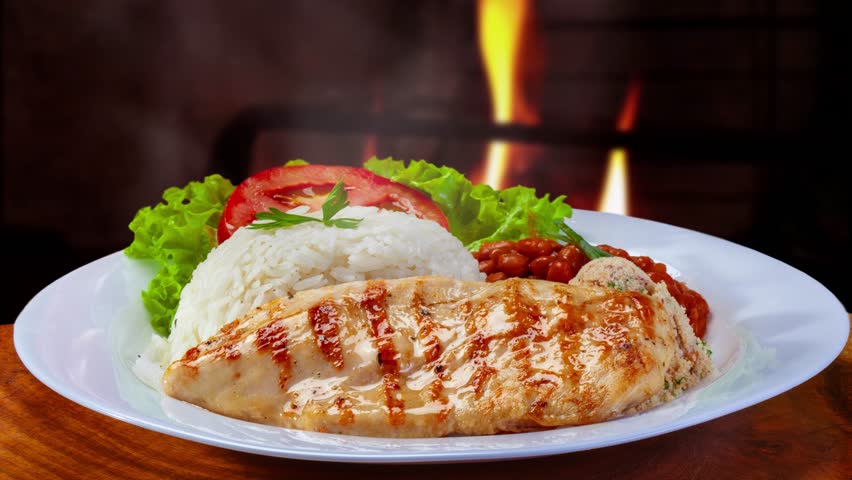 Rice, beans, grilled chicken and salad