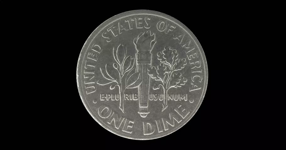 Reverse of USA coin ONE DIME 2015, isolated in black background. Seamless animation in 4k video