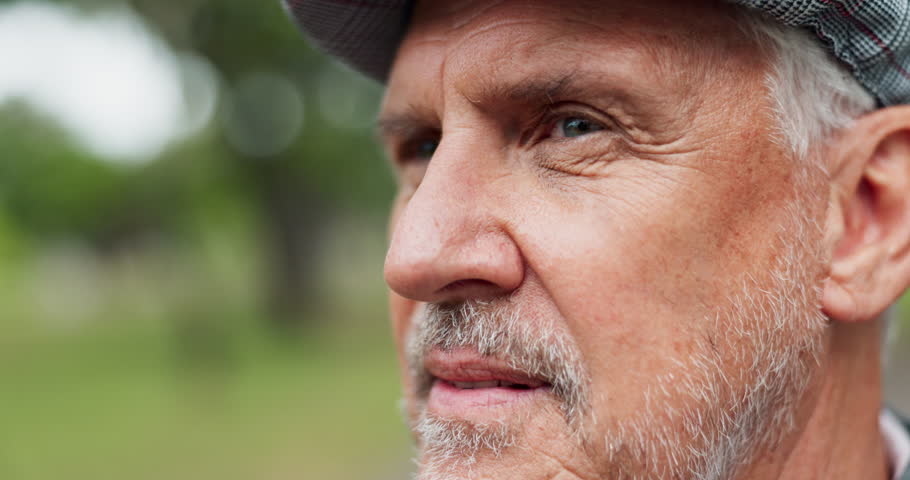 Park, thinking and face of senior man in morning for reflection, nostalgia and daydreaming outdoors. Retirement, weekend and mature person in nature for fresh air, memory and relax for wellness