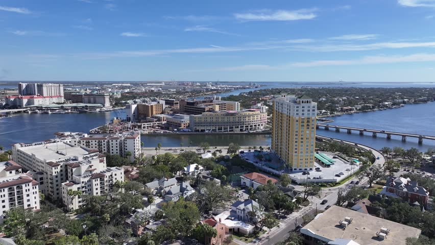 Tampa Skyline At Tampa Florida United States. Aerial View Of A High-Rise Buildings And Traffic Showcasing Urban Life. Business Sky Downtown Cityscape. Outdoors Downtown Up Above. Tampa Florida.