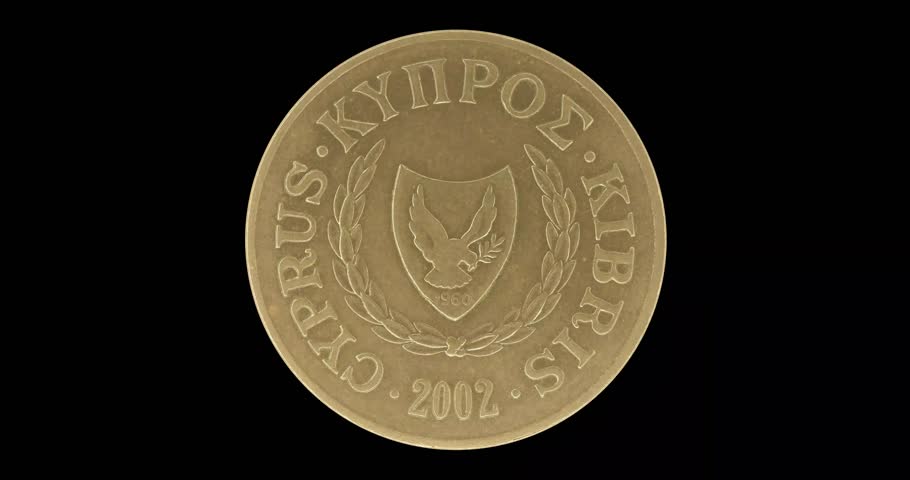 Obverse of Cyprus coin 10 cents 2002, isolated in black background. Seamless animation in 4k video
