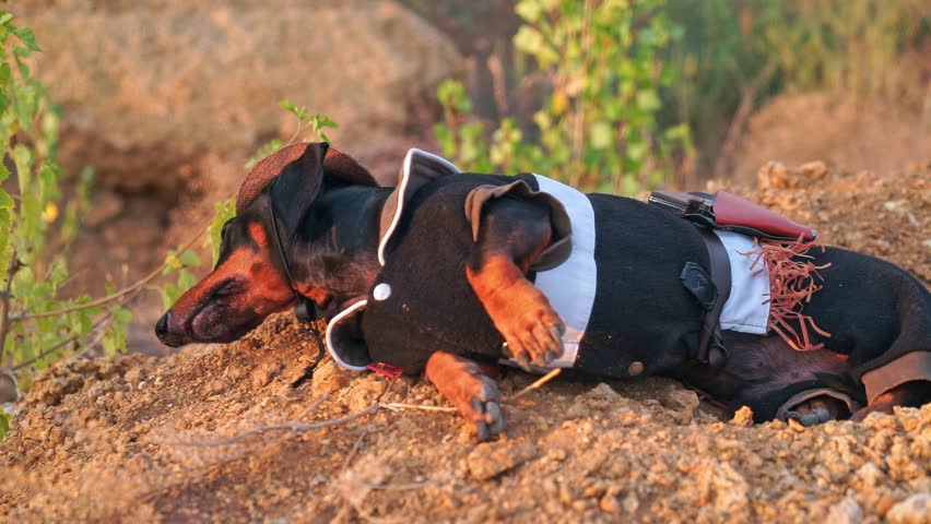 Dachshund dog in cowboy costume, sheriff straw hat lies wounded on ground of wild west, pretends to be dead, escapes, jumps up cheerfully runs away Animated children holiday quest vacation adventure
