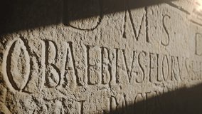 Closeup History wall hieroglyphs on the stone in The Museum Heritage of ancient civilization in archaeological excavation. 3D animation. - Powered by Shutterstock - Get 15% off with code: PIKWIZARD15