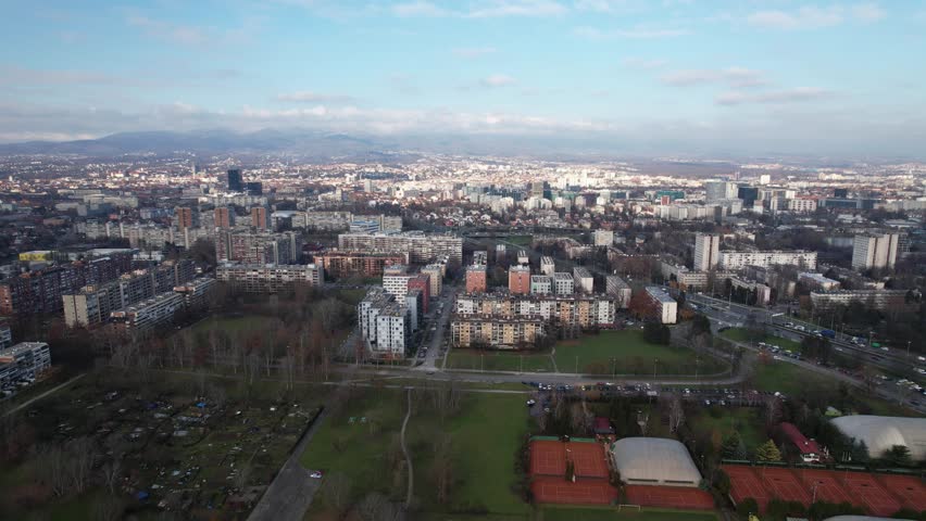4K Aerial pan cinematic video - city of Zagreb, capital of Croatia, a view of Savica and Trnje residential neighborhoods.