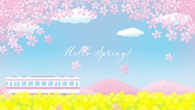 Animated spring vector background with a train with falling cherry blossoms and canola flowers - Powered by Shutterstock - Get 15% off with code: PIKWIZARD15
