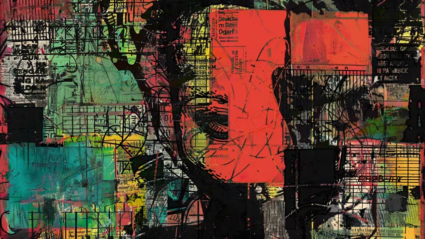 Vibrant multicolor grunge background with red, green, and black paint layers, rough collage overlays, scratches, and bold abstract street-art style