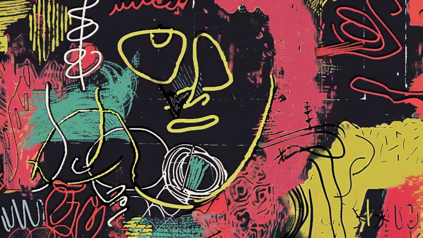 Vibrant graffiti-style grunge background with hand-drawn abstract shapes, bold colors, scratches, artistic overlays, and chaotic mixed-media collage elements