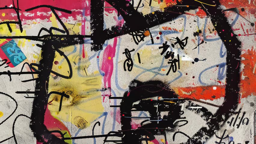Abstract grunge collage background with black brush marks, handwritten elements, textured overlays, scratches, and raw mixed-media graffiti-inspired visuals