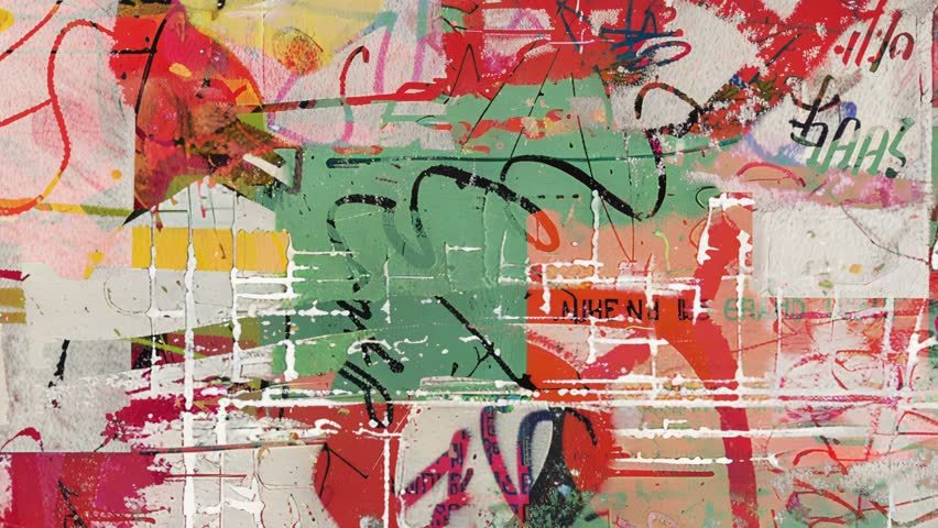 Vivid multicolor grunge background with chaotic graffiti layers, scratches, collage textures, painted overlays, and a distressed street-art composition