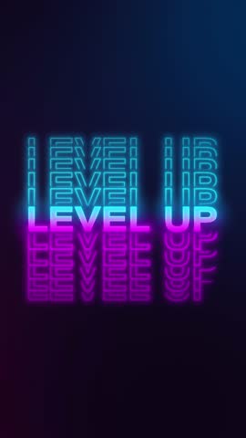 Vertical video animation of level up title animation in neon blue and neon magenta on a dark background - seamless loop. Suitable for gaming.