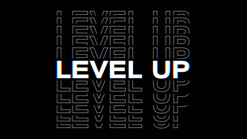 Video animation of level up title animation in white on a black background - seamless loop. Suitable for gaming. 