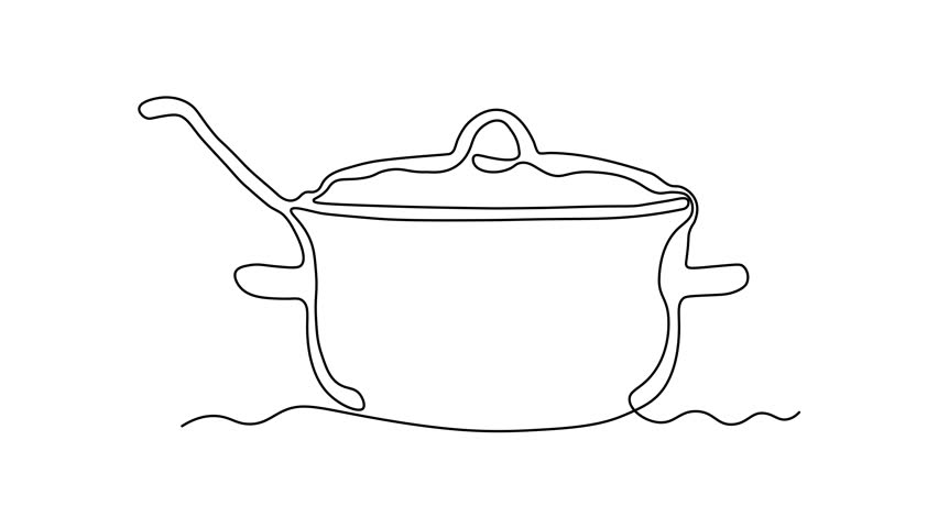 Abstract pot of soup and a ladle. Self drawing animation one continuous line draw, logo