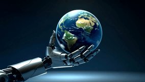 Robotic hand gently cradles a detailed Earth globe against a dark background. - Powered by Shutterstock - Get 15% off with code: PIKWIZARD15