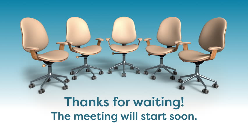 Office chairs rotating with 'Thanks for waiting. The meeting will start soon' text. 3D Render. Seamless loop.