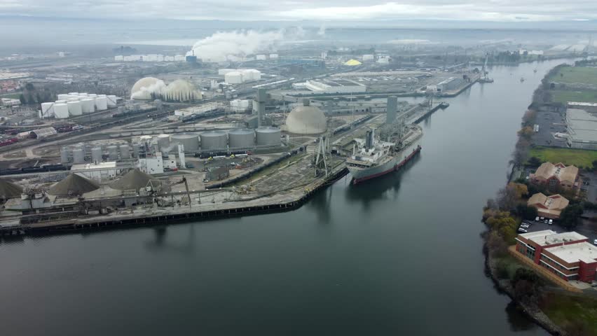 USA, CA, Stockton, Port, 2024-12-28 - Drone view of the Port of Stockton with a ship, a crane, and many industrial buildings.
