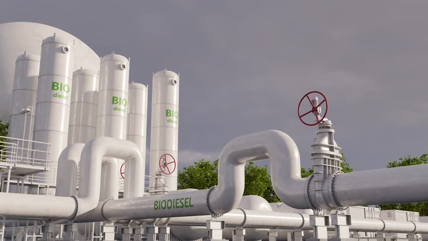 Chemical factory for Biodiesel. Biofuel produced through a chemical process transesterification. Feed-stock: vegetable oils, animal fats or waste cooking oils. Time lapse. 3d rendering.