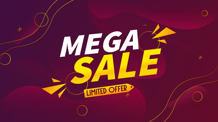 Mega Sale Promo Video featuring bold yellow and white text animations over a dark purple gradient background with pink and golden accents. Useful for special discount events, and digital marketing.